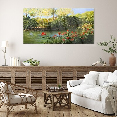 Tropical landscape with a river Glass art print