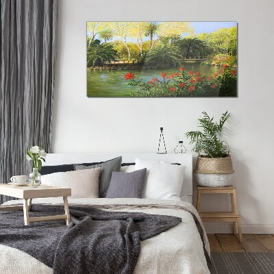 Tropical landscape with a river Glass art print