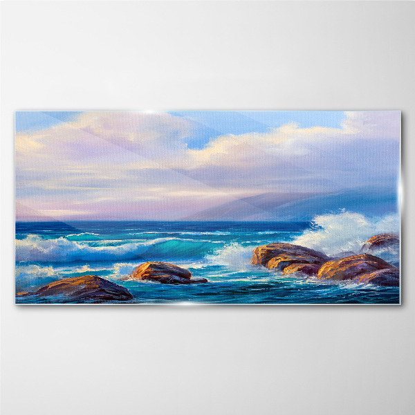Waves on the shores of a rocky coast Glass art print