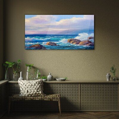 Waves on the shores of a rocky coast Glass art print