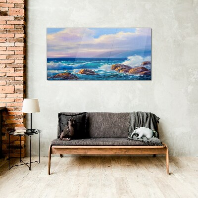 Waves on the shores of a rocky coast Glass art print