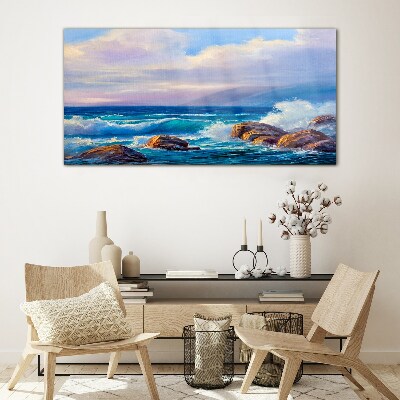 Waves on the shores of a rocky coast Glass art print
