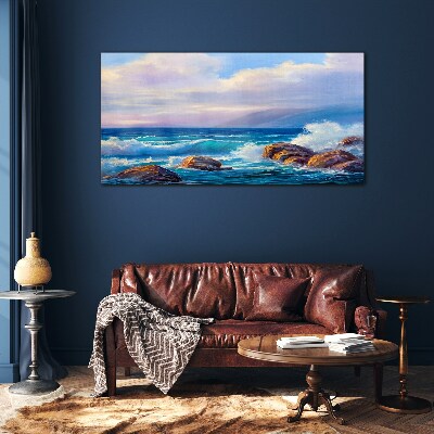 Waves on the shores of a rocky coast Glass art print