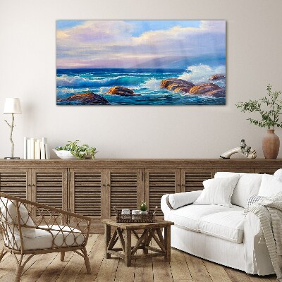 Waves on the shores of a rocky coast Glass art print