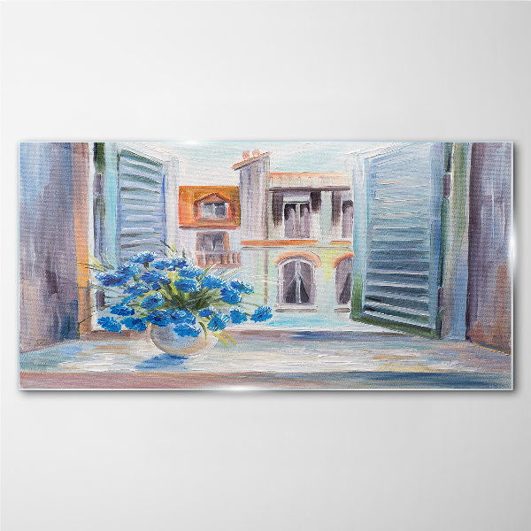 Flowers by the open window Glass art print
