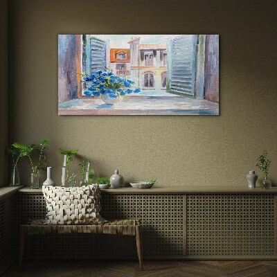 Flowers by the open window Glass art print