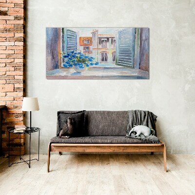 Flowers by the open window Glass art print