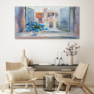 Flowers by the open window Glass art print