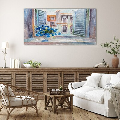 Flowers by the open window Glass art print