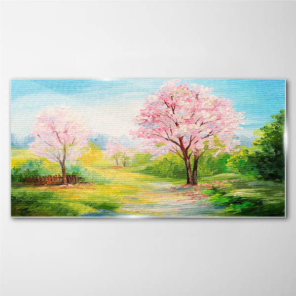 Spring trees in pink blossom Wall art on glass