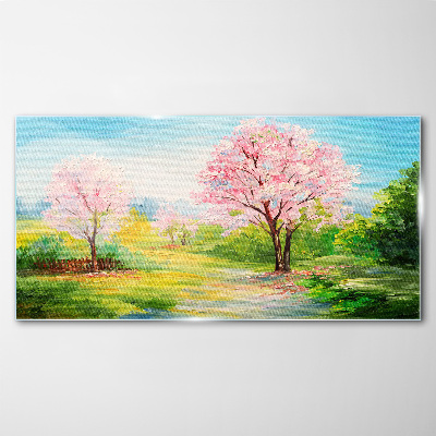 Spring trees in pink blossom Wall art on glass