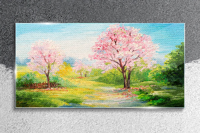 Spring trees in pink blossom Wall art on glass