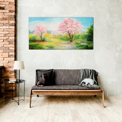 Spring trees in pink blossom Wall art on glass