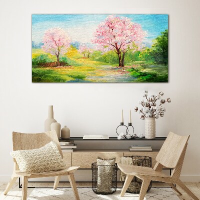 Spring trees in pink blossom Wall art on glass