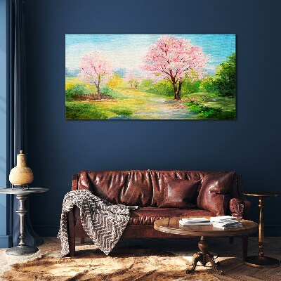 Spring trees in pink blossom Wall art on glass