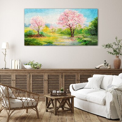 Spring trees in pink blossom Wall art on glass