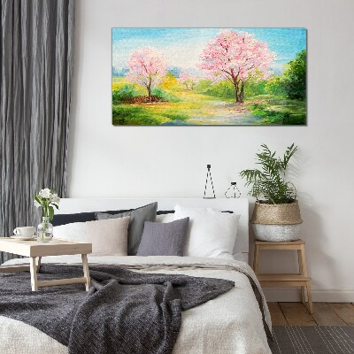 Spring trees in pink blossom Wall art on glass