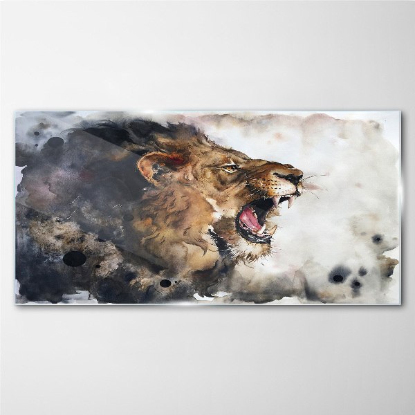 Angry lion in watercolor Wall art on glass