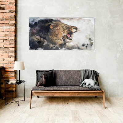 Angry lion in watercolor Wall art on glass