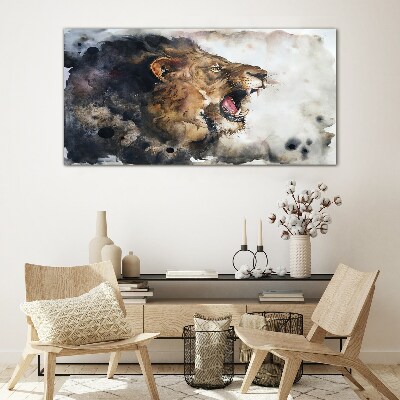 Angry lion in watercolor Wall art on glass