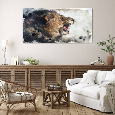 Angry lion in watercolor Wall art on glass