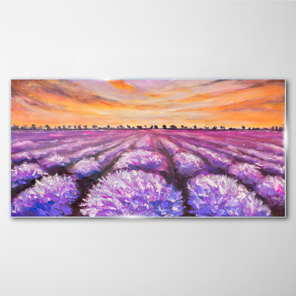 Purple lavender fields at sunset Glass art print