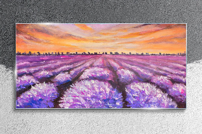 Purple lavender fields at sunset Glass art print