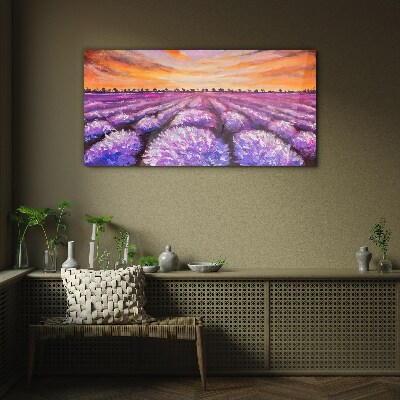 Purple lavender fields at sunset Glass art print