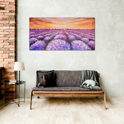 Purple lavender fields at sunset Glass art print