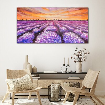 Purple lavender fields at sunset Glass art print