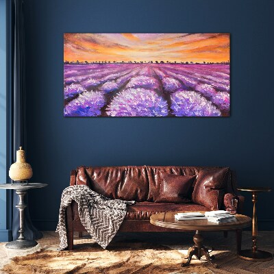 Purple lavender fields at sunset Glass art print