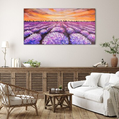 Purple lavender fields at sunset Glass art print