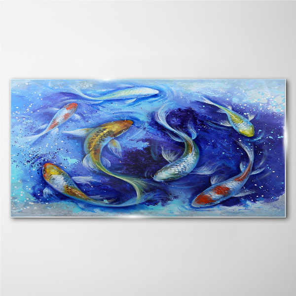 Carp Dance in Blue Water Wall art on glass