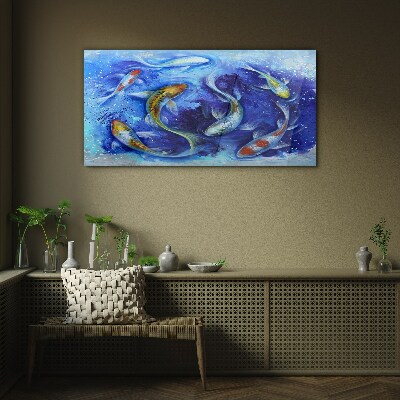 Carp Dance in Blue Water Wall art on glass