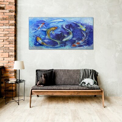 Carp Dance in Blue Water Wall art on glass
