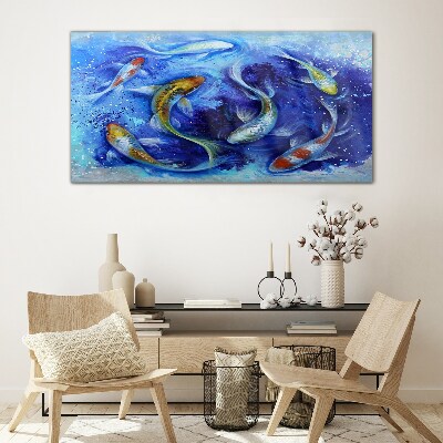 Carp Dance in Blue Water Wall art on glass