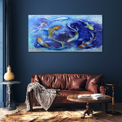 Carp Dance in Blue Water Wall art on glass