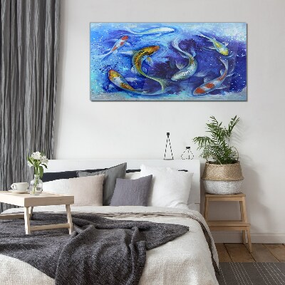Carp Dance in Blue Water Wall art on glass