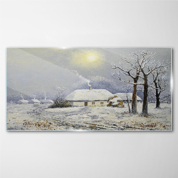 Winter landscape with a house Glass art print