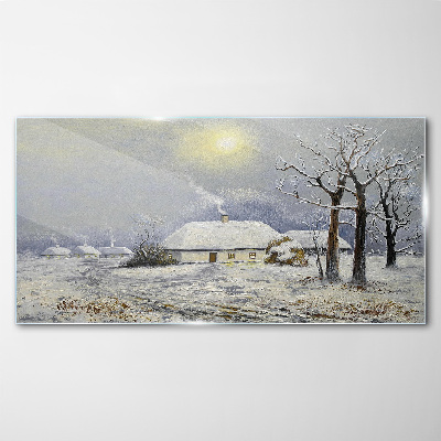 Winter landscape with a house Glass art print