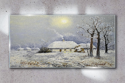 Winter landscape with a house Glass art print