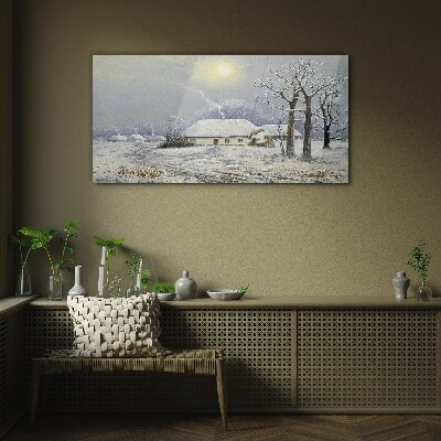 Winter landscape with a house Glass art print