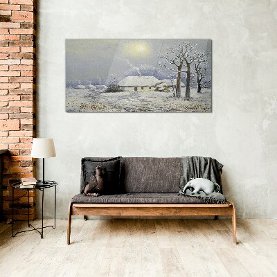 Winter landscape with a house Glass art print