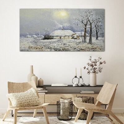 Winter landscape with a house Glass art print