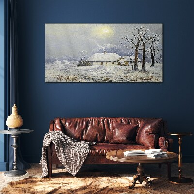 Winter landscape with a house Glass art print