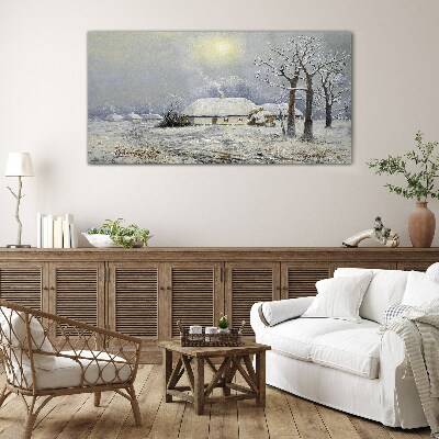 Winter landscape with a house Glass art print