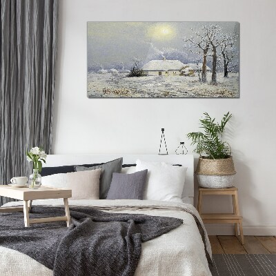 Winter landscape with a house Glass art print