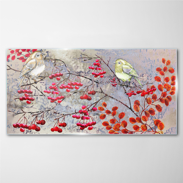 Birds on a branch with fruit Wall art on glass