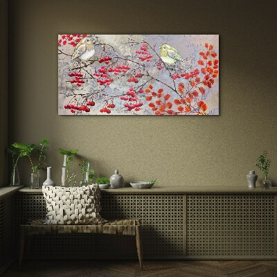 Birds on a branch with fruit Wall art on glass