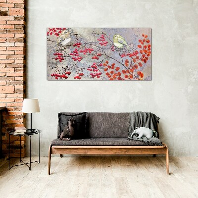 Birds on a branch with fruit Wall art on glass